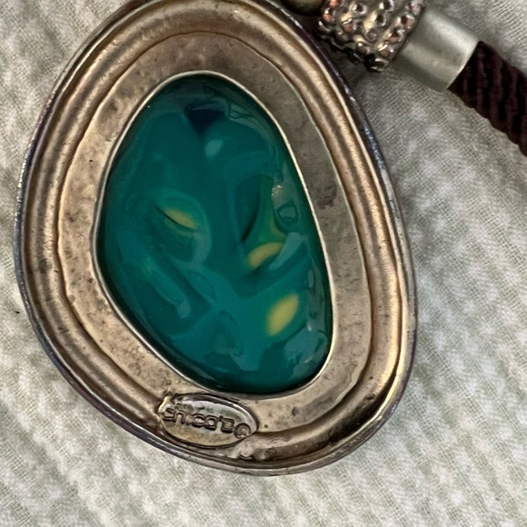 Vintage Chico's Blue Green Resin Pendant Boho Necklace Brown Rope Chain - Picture 9 of 11